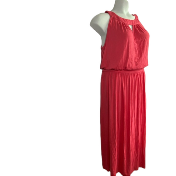 Ashley Stewart Geranium Pink Jewel Neckline with Keyhole MIDI Dress SKU0206 - Picture 3 of 7